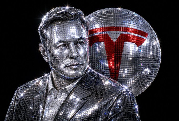 Disco Elon, in mirror tile with a Tesla logo disco ball beside him