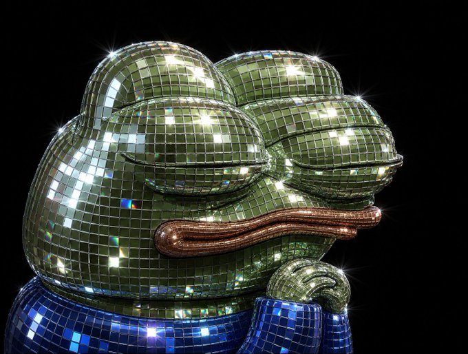 Disco Pepe, the Pepe meme reimagined as a disco ball sculpture