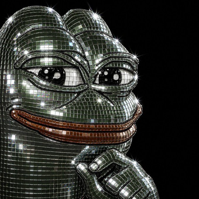 Disco Pepe close up, his face every facet a mirror tile