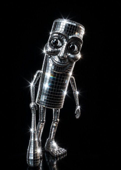 A cute robot character made of disco tile, smiling