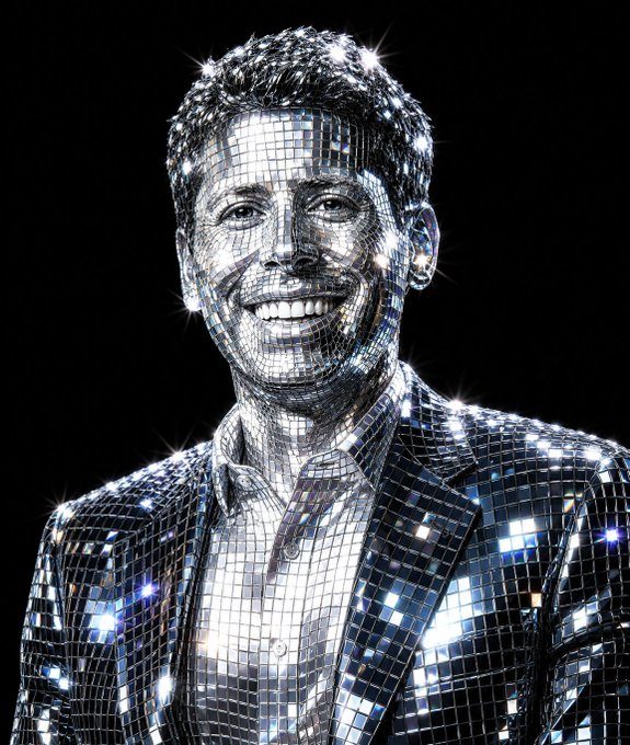 A man in a suit rendered entirely in disco mirror tile