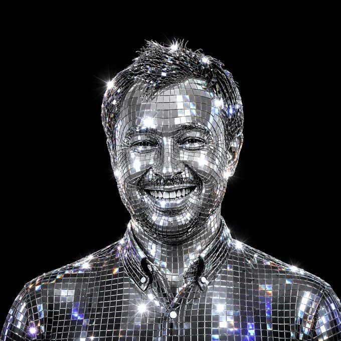 Disco Toly, a smiling man in a mirror tile shirt, full disco mode