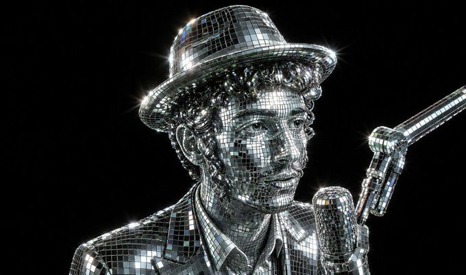 A crooner in a fedora at a mic, in full disco tile