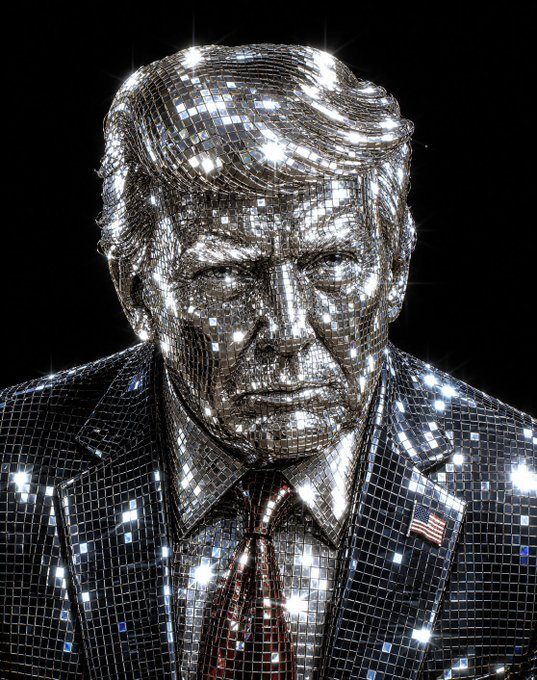 Disco Trump, in full mirror tile with American flag pin and red tie
