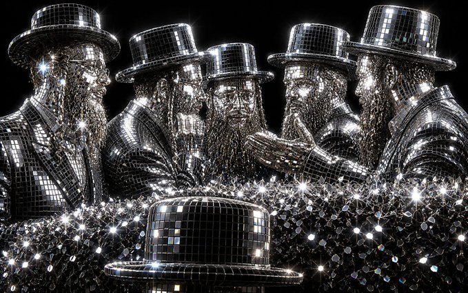 A group of figures with hats and beards in full disco mirror tile, celebrating